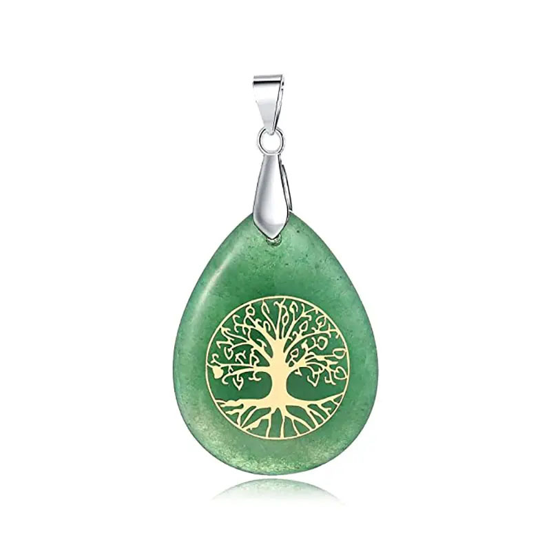 Tree of Life Pendant with Chain Natural Stone Green Aventurine